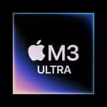 Apple M3 Ultra logo with a glowing gradient frame on a black background.