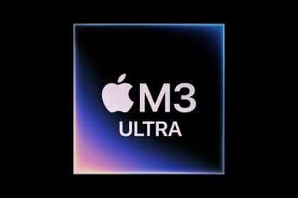 Apple M3 Ultra logo with a glowing gradient frame on a black background.