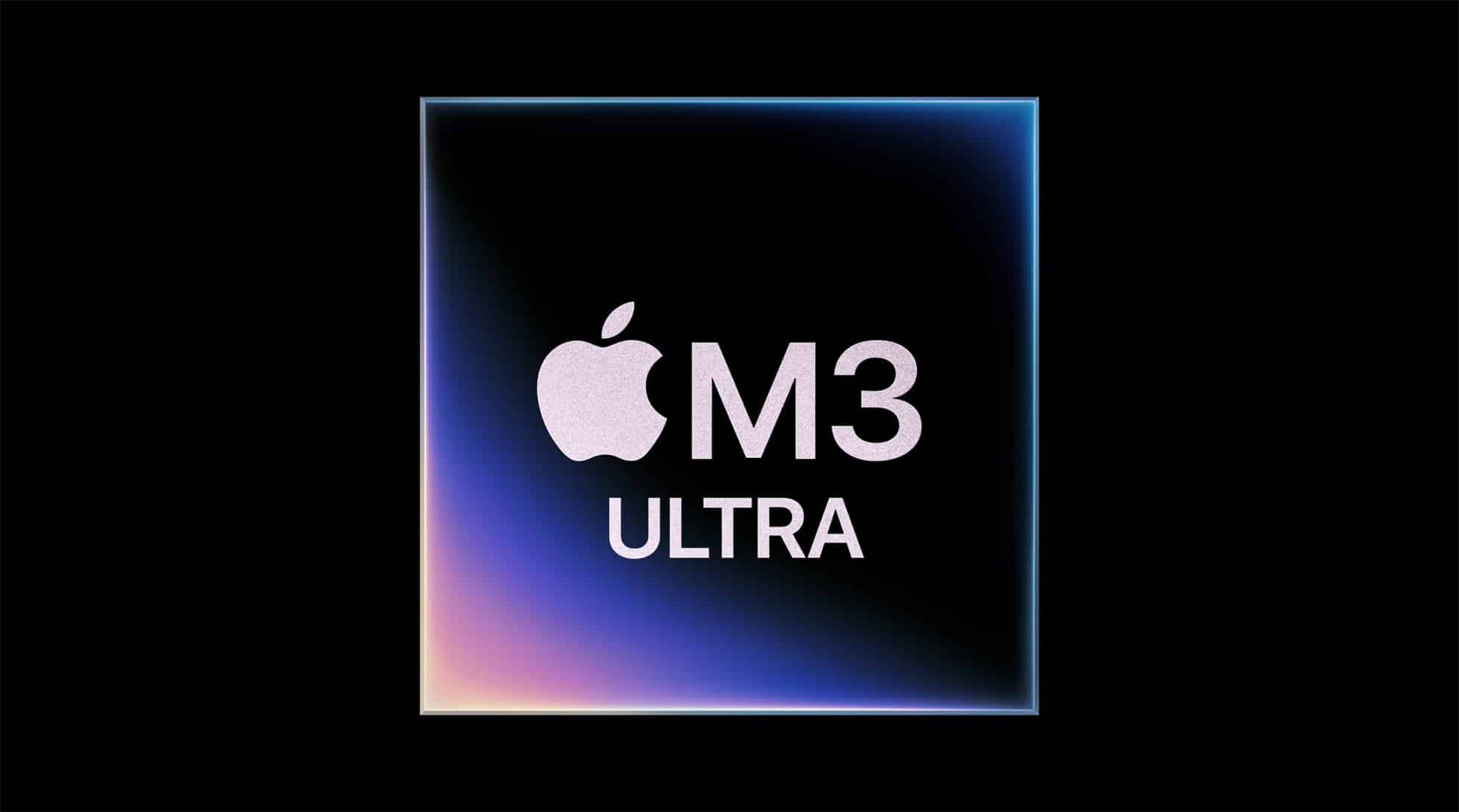 Apple M3 Ultra logo with a glowing gradient frame on a black background.