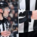 NHL referee wearing an Apple Watch for real-time game alerts.