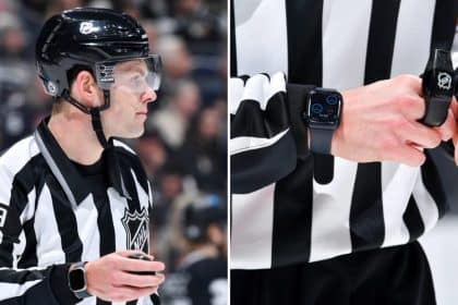 NHL referee wearing an Apple Watch for real-time game alerts.