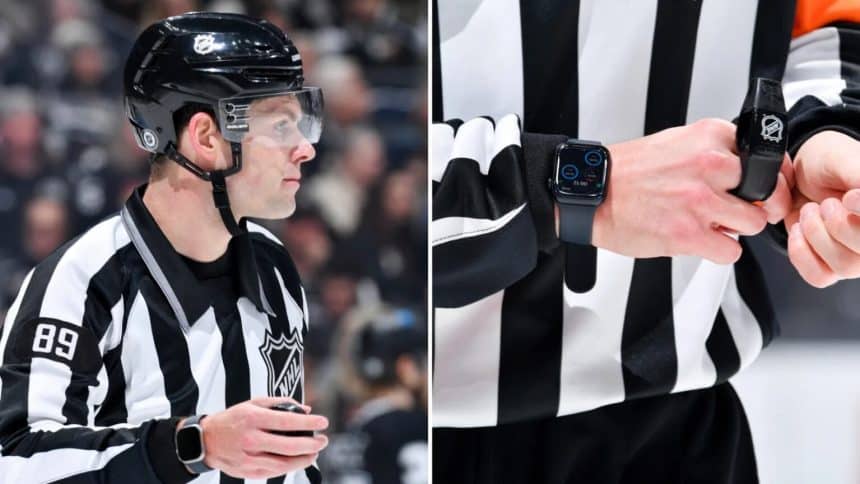 NHL referee wearing an Apple Watch for real-time game alerts.