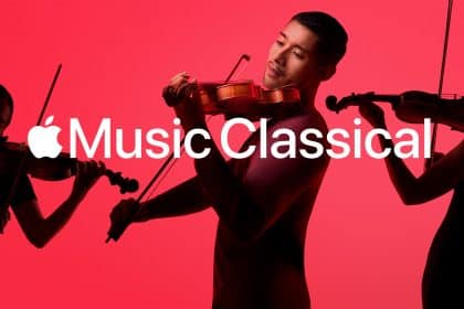 Apple Music Classical promotional image featuring violinists on a red background.