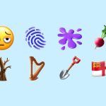 New emoji in iOS 18.4, including a tired face, fingerprint, splatter, radish, leafless tree, harp, shovel, and Sark flag.