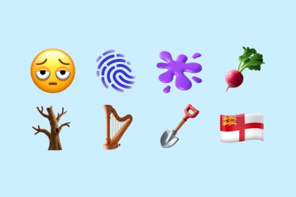 New emoji in iOS 18.4, including a tired face, fingerprint, splatter, radish, leafless tree, harp, shovel, and Sark flag.