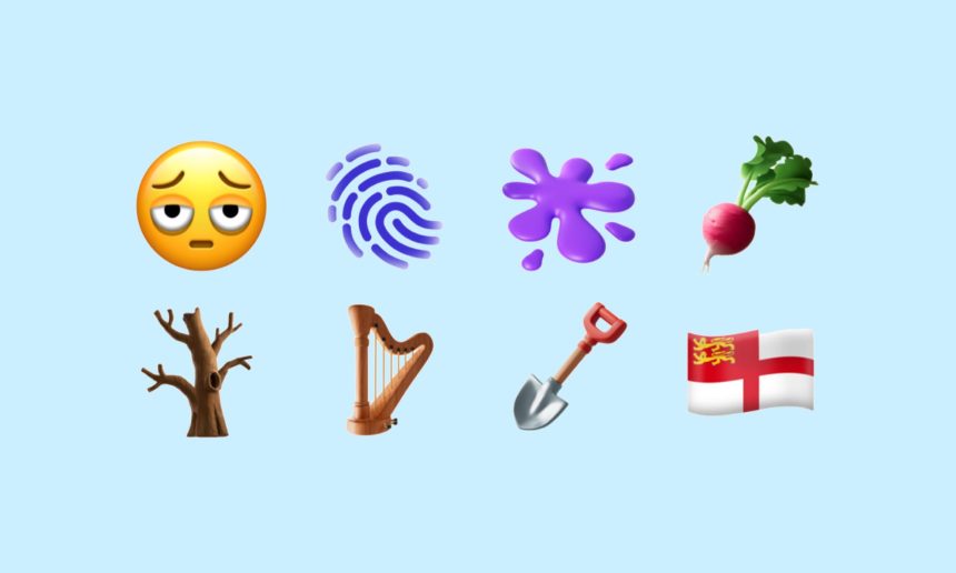 New emoji in iOS 18.4, including a tired face, fingerprint, splatter, radish, leafless tree, harp, shovel, and Sark flag.