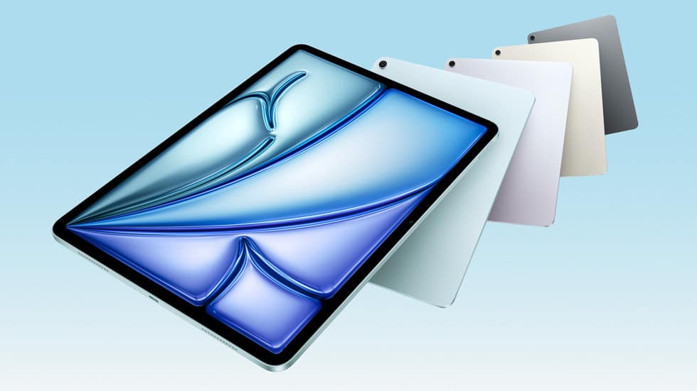 Apple iPad Air in multiple colours displayed against a gradient background.