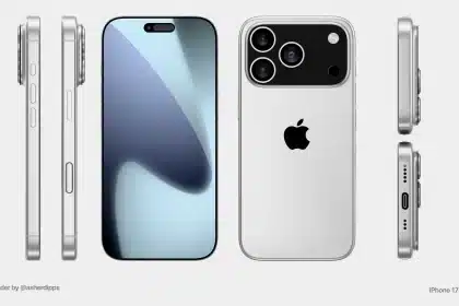 iPhone 17 Pro render showing front, back, and sides with a triple-camera setup.