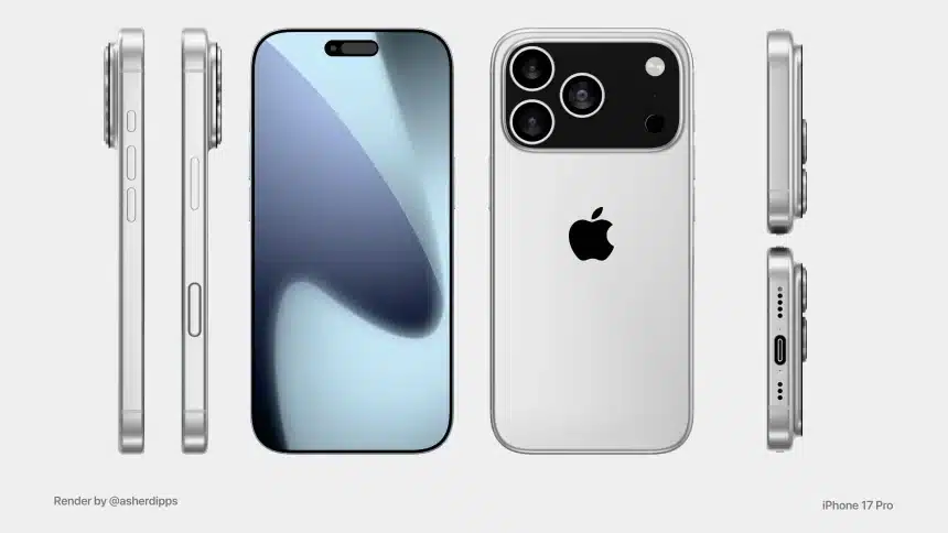 iPhone 17 Pro render showing front, back, and sides with a triple-camera setup.