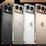 iPhone 17 Pro Max render showcasing four colour variants with a new camera design.