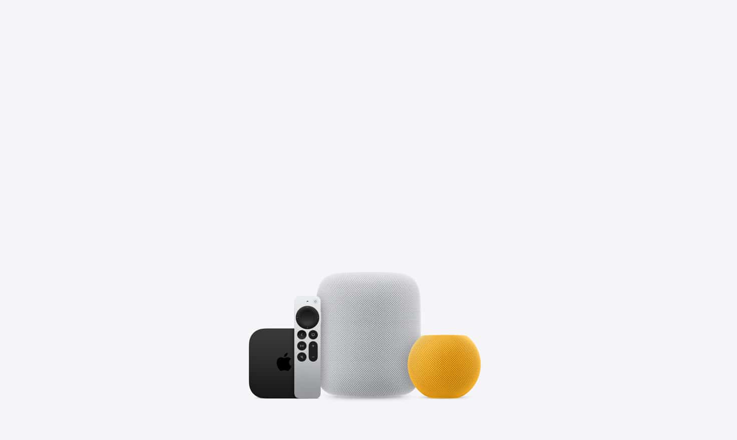 Apple HomePod, HomePod Mini, and Apple TV with remote.